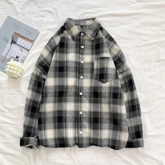 HEARUJOY - Black White Classic Plaid Long Sleeve Loose Men's Shirt American Style Retro Versatile Spring Autumn Outerwear Coat for Men Tops