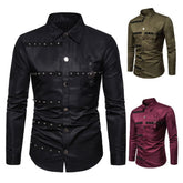 Hearujoy Mens Punk Rivet Gothic Style Long Sleeve Shirt 2024 New Genderless Fashion Youth Individuality Retro Solid Color Shirt Unisex