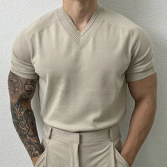 HEARUJOY - Men's Clothing Light Luxury Knit V Neck Short-sleeved T Shirt Solid Color Leisure Korean Popular Streetwear Retro Knitwear M-3XL