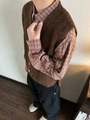 YICKYUE - Vintage Men V-neck Knitted Vest Vardigan sleeveless Tank Tops Fall 91% Mohair Sweater Waistcoat Overlapping Outer Clothing