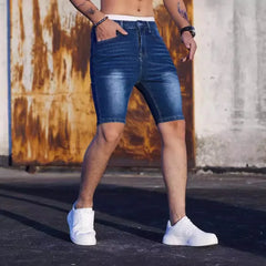 HEARUJOY - Men New Denim Shorts Knee Length Shorts Zipper Fly Solid Mid Waist Summer Spliced Pockets Casual Distressed Washed Skinny 2025