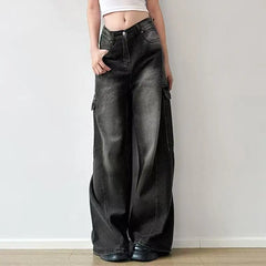Hearujoy Streetwear Washed Retro Baggy Jeans Men's Goth Hip-hop Personality Harajuku Trendy Black Straight Pant Y2K Wide Leg Pants Unisex