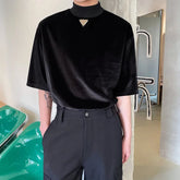 Hearujoy Turtleneck Collar Velvet T-shirt Korean Loose casual Streetwear Tops Men Clothing Summer Black harajuku Short Sleeve Stand