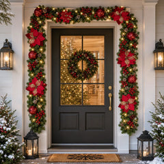 YICKYUE - 2.7M Christmas Garland Decorations with Lights, Christmas Wreath for Home Party Front Door Fireplaces Stairs LED Rattan Garland