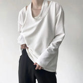 Hearujoy Mens Autumn Personalized Fake Two-Piece Hollow Sexy Long-Sleeve T-Shirts Genderless Fashion Korean Loose Solid Color Tops Unisex