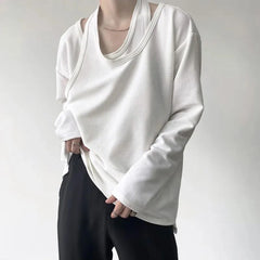 Hearujoy Mens Autumn Personalized Fake Two-Piece Hollow Sexy Long-Sleeve T-Shirts Genderless Fashion Korean Loose Solid Color Tops Unisex