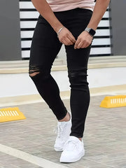 HEARUJOY - Men's Slim-Fit Ripped Jeans - Stylish Black Distressed Denim with Raw Hem, Comfortable & Versatile for All Seasons, Casual Stree