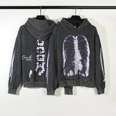 Hearujoy Y2K Streetwear Washed Vintage Terry Kanye Hooded Hoodies Men's Hip Hop Skull X-ray Oversized Casual Pullover Sweatshirts