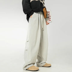 HEARUJOY - Pleated Design Men Casual Trousers Solid Color Drawstring Summer Korean Style Elastic Waist Straight Leg Male Pants 9W3495