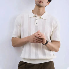 HEARUJOY - Men's Solid Color Striped Knitted Short-Sleeved Polo Shirt Retro Fashion Trend Casual Simple Loose Breathable Summer Men's Tops