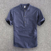HEARUJOY - Men's Casual Cotton Shirt Short Sleeve Blouse Tops Summer Botton Pinstripe Holiday Shirt Comfortable Handsome Men Henley Shirt