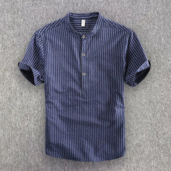 HEARUJOY - Men's Casual Cotton Shirt Short Sleeve Blouse Tops Summer Botton Pinstripe Holiday Shirt Comfortable Handsome Men Henley Shirt