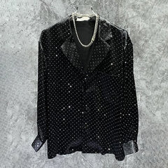 Hearujoy Mens Diamond-Encrusted Long-Sleeve Casual Shirt Autumn Genderless Fashion Youth Nightclub Loose Niche Temperament Shirt Unisex