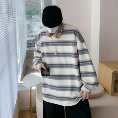 HEARUJOY - Handsome Trendy Rainbow Striped Long Sleeve T shirt Spring Autumn Casual Top New Men Hong Kong Style Ins Fashion