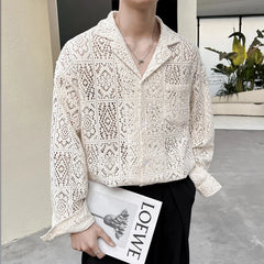 HEARUJOY - New Chic Men Hollow Out Cardigan Tops Light Luxury Korean Style Long Sleeve Shirts Casual Retro Solid Color Button-down Blouse