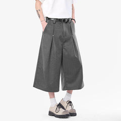 HEARUJOY - Korean Style Men Casual Shorts Solid Color Pleated Design Metal Design Cropped Trousers Cleanfit Male Bottom Simple