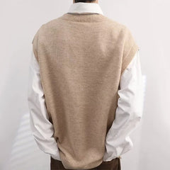 HEARUJOY - Men Knitted Sweater Vest Solid Color Autumn Winter Sleeveless V-neck Pullovers Male Casual Loose Waistcoat Korean Style Knitwear