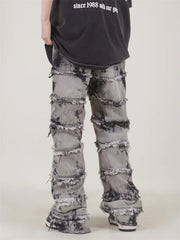 Hearujoy Striped Tassel Frayed Straight Baggy Jeans Hip Hop Black Tie-dye Pants Harajuku Male Female Streetwear Casual Denim Trousers