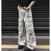 Hearujoy American retro distressed dirty multi-pocket jeans for men and women high street y2k loose trendy floor-length straight trousers