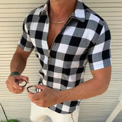 HEARUJOY - Fashion Plaid Printed Shirts For Men Slim Fit Short Sleeved Zipper Cardigan Top Summer Leisure Tshirt Streetwear Mens Clothing