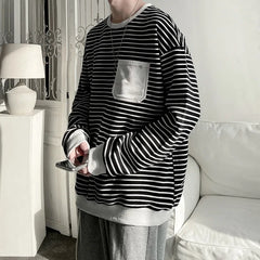 HEARUJOY - Loose round Neck T-Shirt Men's Casual Stripe White Fashionable Korean Style Autumn Top for Men Comfortable Sweatshirt