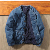 YICKYUE - Vintage Washed Denim Cotton Jacket Mens Collarless Long Sleeve Coat Autumn Winter Warm Quilted Edgin Loose Cotton-padded Jacket