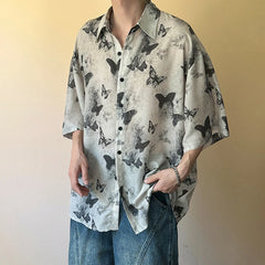 HEARUJOY - Nichre Design Men's Shirts Turn-down Collar Butterfly Printing Contrast Color Short Sleeved Single Breasted Stylish