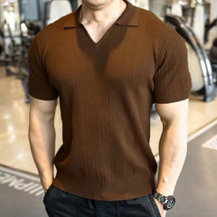HEARUJOY - Summer New Men's Solid Color Knitted Sweater Short-Sleeved T-Shirt Retro Fashion Trend Casual Simple Loose Breathable Men's Tops