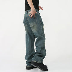 Hearujoy Ripped Jeans for Men Wide Leg Pants Hip Hop Distressed Denim Trousers Male Vintage Casual Japanese Streetwear Hippie