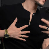 HEARUJOY - Men T-Shirt Slim Casual Henley V-Neck Tshirt Streetwear Fashion Youth Campus Breathable Short-Sleeve Top Men'S Clothing 2025 New