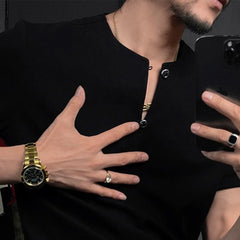 HEARUJOY - Men T-Shirt Slim Casual Henley V-Neck Tshirt Streetwear Fashion Youth Campus Breathable Short-Sleeve Top Men'S Clothing 2025 New