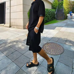 HEARUJOY - Summer Fashion Knitted Two Piece Set Streetwear Casual Loose Solid Men Vintage Short Sleeve Polo Shirts And Shorts MaleSuits