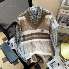 HEARUJOY - Men's Clothing Japanese Style Striped Embroidery Vintage All Match Sweater Vest Casual V Neck Sleeveless Loose Knitted Waistcoat
