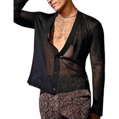 HEARUJOY - New Men's Fashion Transparent Mesh Shirt, V-neck Single-breasted Long-sleeved T-shirt, Cardigan Top