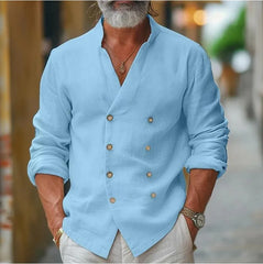 HEARUJOY - Vintage Cotton Linen Double Breasted Shirts Men Oversized Loose Long Sleeve Stand Collar Tops Spring Summer Home Casual Shirt