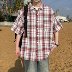 YICKYUE - Plus Size Plaid Shirts for Men Summer Fashion Short Sleeved Loose Man Casual Shirt High-street Harajuku Korean Mens Blouse 5XL