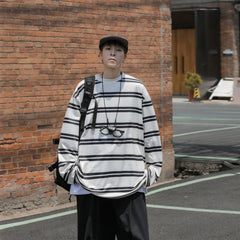 HEARUJOY - Loose Fit Men's Long Sleeve T Shirt 2026 Spring Autumn Striped Round Neck Base Layer Top Trendy Ins Hong Kong Style Couple Set
