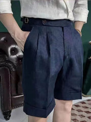 HEARUJOY - British Style Men Naples Linen Shorts Paris Waist Buckle Button Knee Length Pant Summer High Quality Casual Loose Short Trouser