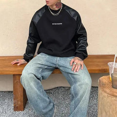 Hearujoy Mens Y2k Contrast Pu Leather Raglan Sleeves Sweatshirt Autumn And Winter Genderless Casual Loose Splicing Sweatshirt Unisex