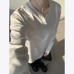 HEARUJOY - Spring Long Sleeved T-shirt Men Fashion V-neck Pullover T Shirt Men Streetwear Korean Loose Pullover T Shirt Mens Top M-3XL