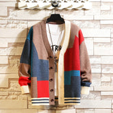 YICKYUE - Fashion Color Blocked Knitted Cardigan Men Vintage Patchwork Long Sleeved V-neck knitwear Autumn Casual Loose Sweater Top