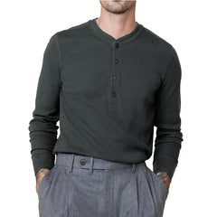 HEARUJOY - Men's Fashion Crewneck Long Sleeve T-shirt Henry Spring and Autumn Base Shirt Button Jumper Top