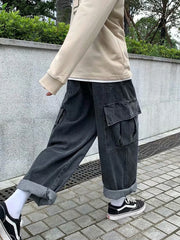 HEARUJOY - Baggy Jeans Men's Oversize Streetwear Fashion Wide Leg Cargo Pants Hip Hop Harajuku Multi-Pocket Denim Trousers Black Blue