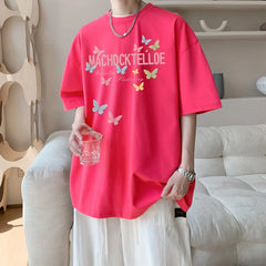 YICKYUE - Mens Oversized T Shirt White 5XL Men's Cotton T-shirts Summer Casual Wear Letter Butterfly Print Tee Shirts for Men Male Clothes