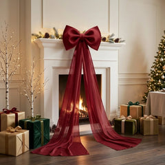 YICKYUE - Soft Velvet Christmas Large Bow Pendant Long Tulle Drapes Sheer Organza Tree Decorations Bow Non-Fall Giant Bow