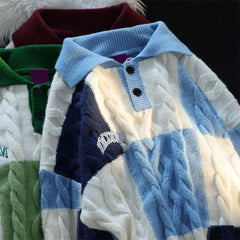 Hearujoy Vintage Plaid Green Knitted Sweater Men Checked Pullover Y2K Blue Sweaters Men's Winter Harajuku Japanese Streetwear