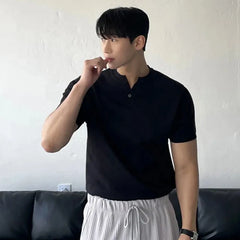 HEARUJOY - New Men Luxury Henry Collar T-Shirt Leisure Slim Button-down Solid Color Short Sleeve Tops Korean Style Summer Breathable Tees