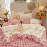 YICKYUE - 3/4Pcs Bedding Set Plaid Polka Dot Cotton Bedding Princess-Style For Home Double Bed Duvet Cover Bed Sheets With Pillowcase
