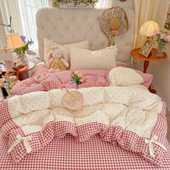 YICKYUE - 3/4Pcs Bedding Set Plaid Polka Dot Cotton Bedding Princess-Style For Home Double Bed Duvet Cover Bed Sheets With Pillowcase