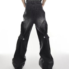 Hearujoy Men Casual Jeans Summer Heavy-Duty Old Washed Jeans Deconstructed Cut-Out Design Gradient Color Flared Pants Wide-Leg Pants